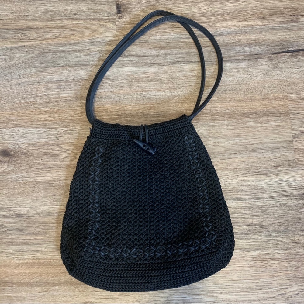 Womens Black Crocheted Drawstring Bucket Bag